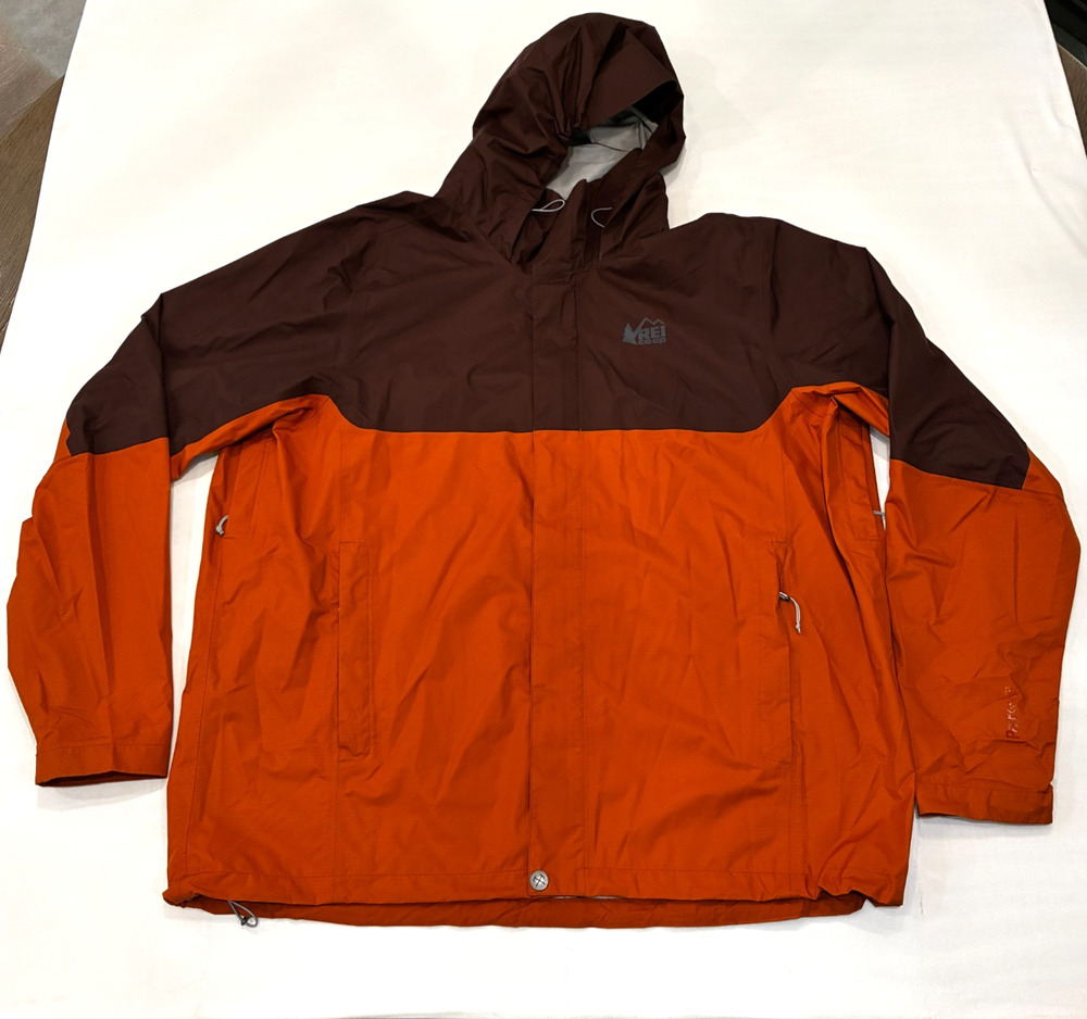 REI Peak 2.5L Waterproof Technical Rain Jacket Size XL Brown and Orange.